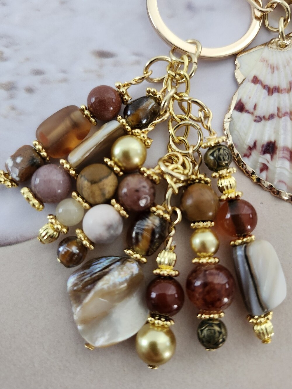 Coastal shell Purse Charm or Keychain Jasper Agate Rhodonite Handcrafted - Picture 3 of 4